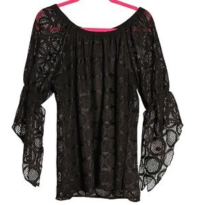 New Directions Black Lace Womens Boho Blouse Size Large On Off Shoulder